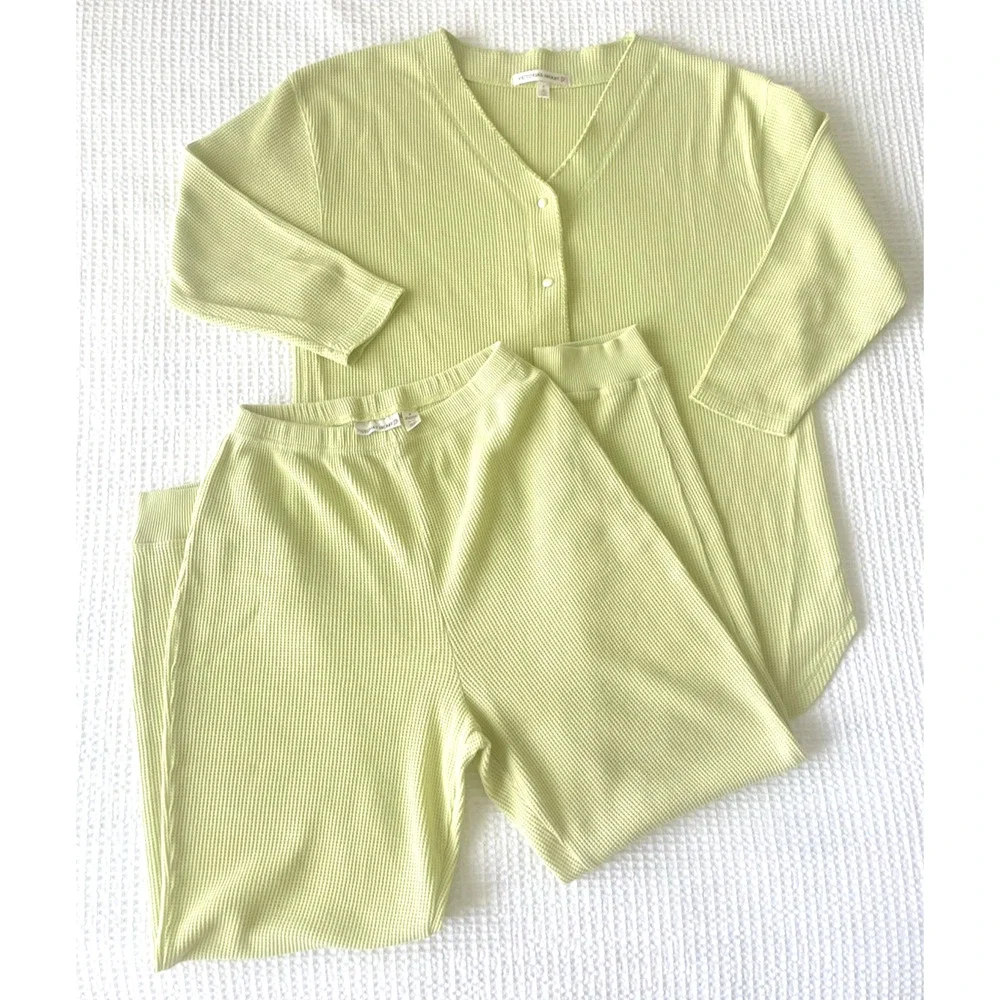Vtg Victorias Secret Thermal Pajama Set Late 90s / Y2K Lounge Waffle Knit Medium - Picture 3 of 5